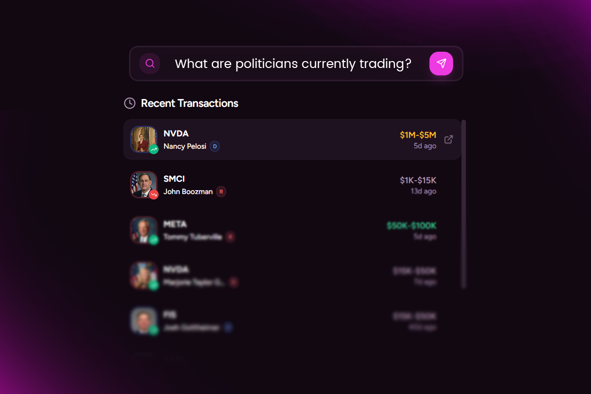 SimpleAlgo Politician Tracker showing stock trades disclosed by US Congress members