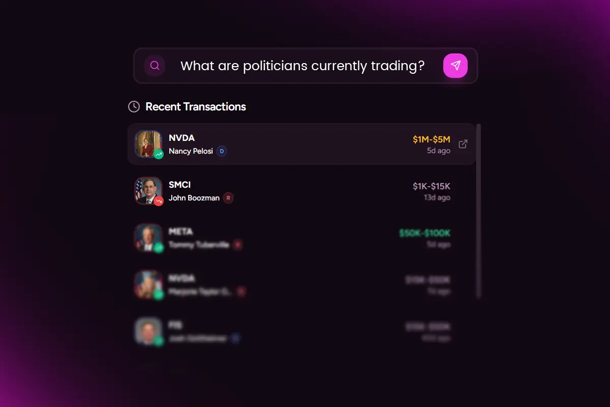 SimpleAlgo Politician Tracker showing stock trades disclosed by US Congress members