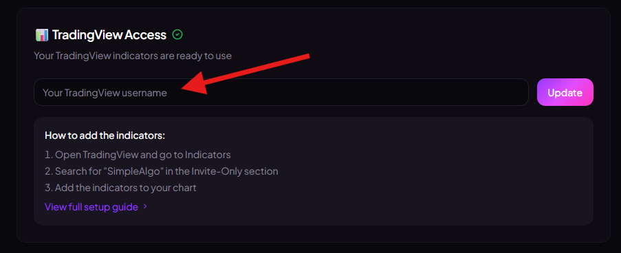 SimpleAlgo Hub TradingView username input