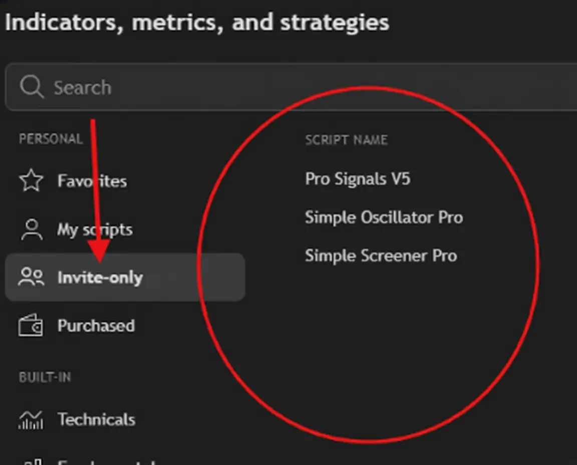 TradingView Invite-only scripts showing Pro Signals V5, Simple Oscillator Pro, and Simple Screener Pro